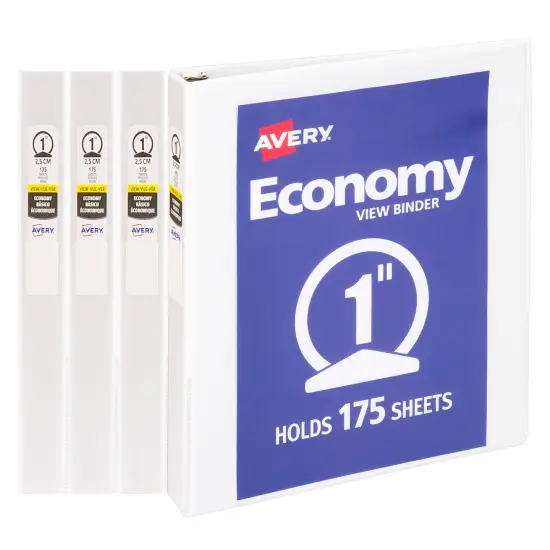 Avery Economy View 3 Ring Binders, 1 Inch Round Rings, 4 White Binders (46042) {1}