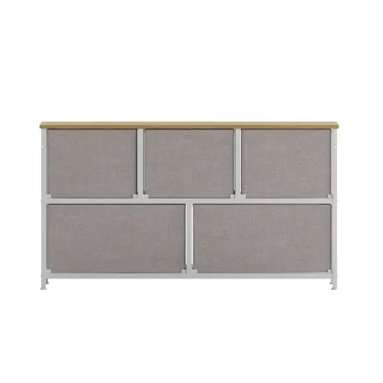 Emma and Oliver Marley 5 Drawer Storage Dresser with Cast Iron Frame, Wood Top and Easy Pull Fabric Drawers with Wooden Handles BeigeDrawer/White {4}