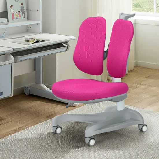 Adjustable Height Student Chair with Sit-Brake Casters and Lumbar Support for Home and School-Pink {1}