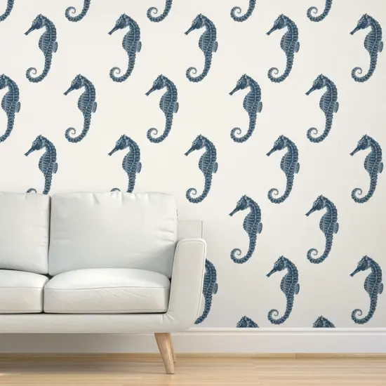 Pre-Pasted Wallpaper 2FT Wide Coastal Seahorse Beach Sealife Sea Ocean Nautical Blue Cream Maritime Xl Scale Custom Pre-pasted Wallpaper by Spoonflower {5}