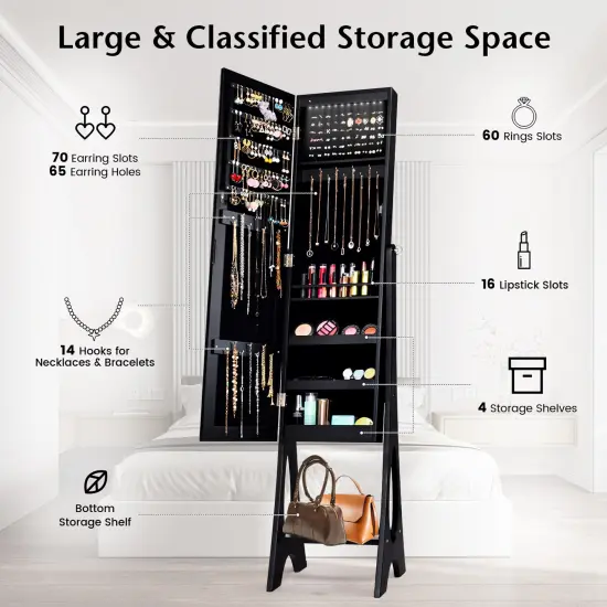 Freestanding Jewelry Cabinet Armoire Organizer with Bevel Edge Mirror Black {3}