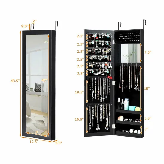 Full Length Mirror Jewelry Cabinet with Ring Slots and Necklace Hooks Black {4}