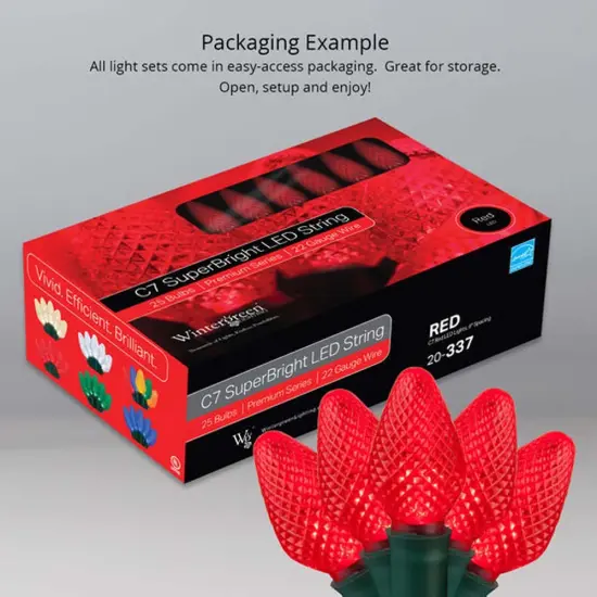 25 Red C7 LED Christmas Lights, Green Wire, 8" Spacing {6}