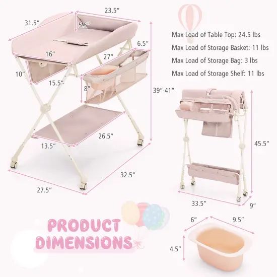 Baby Diaper Changing Table with Water Basin Wheel Pink {1}