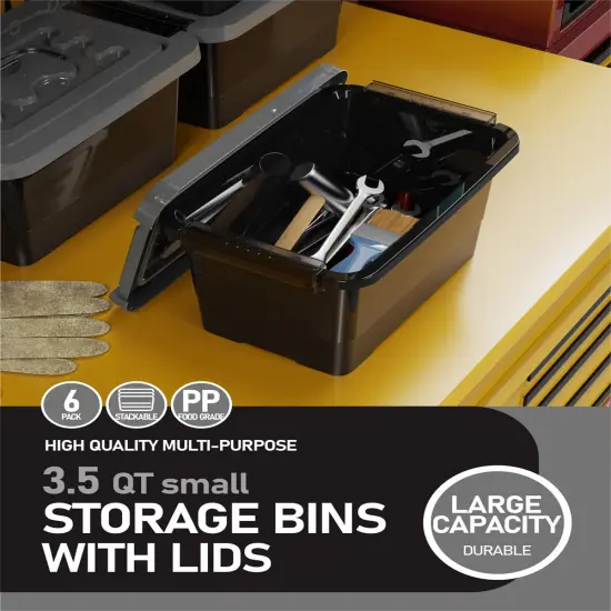 WYT Plastic Storage Bins with Lids and Latch, 6-Pack Small Stackable Plastic Organizing Box with Buckle and Handle, 3.5 Quart Durable Nestable Totes Containers (Black/Grey) {3}