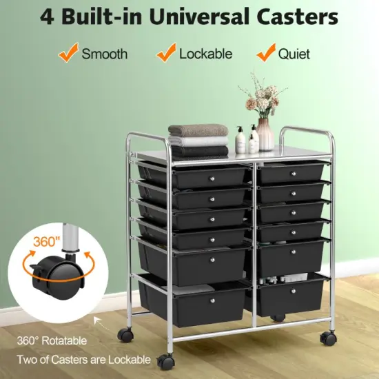 Mobile 12-Drawer Storage Organizer Cart with Ventilated Top Locking Wheels and Sturdy Frame Black {5}