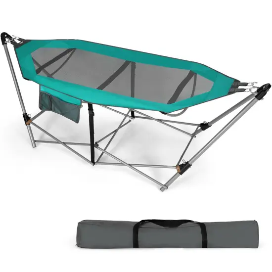 Outdoor Folding Hammock Bed with Breathable Fabric Metal Frame and Side Pocket Storage Turquoise {4}