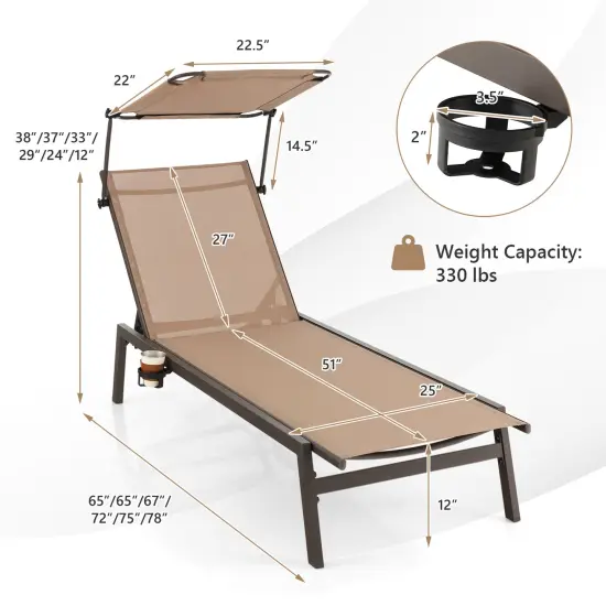 Outdoor Chaise Lounge Chair with Sunshade and 6 Adjustable Position {5}