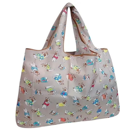 Wrapables Large Foldable Tote Nylon Reusable Grocery Bag Gray French Bulldogs {1}