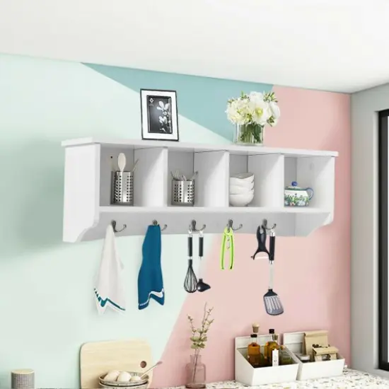 White MDF Wall Mounted Storage Cabinet with Hooks and Organizer Shelf for Entryway Kitchen Bedroom {2}