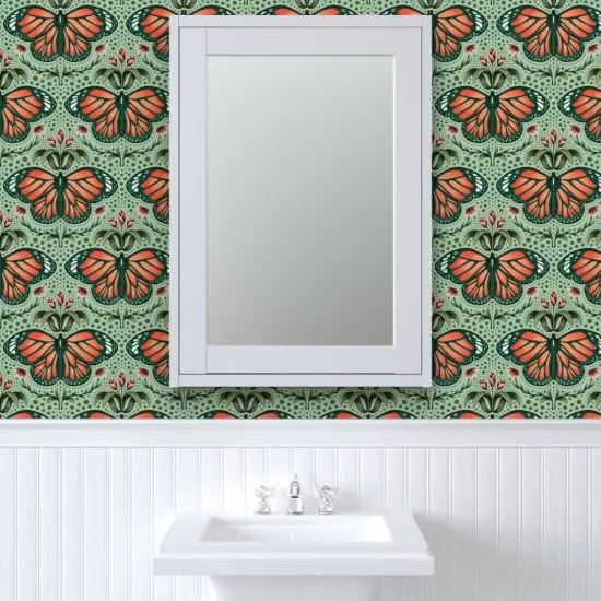 Pre-Pasted Wallpaper 2FT Wide Monarch Damask Aqua Mint Large Scale Botanical Tulip Floral Custom Pre-pasted Wallpaper by Spoonflower {6}