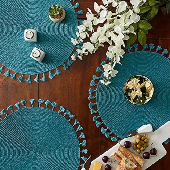 DII Teal Tassel Fringe Pp Woven Round Placemat Set of 6 {4}