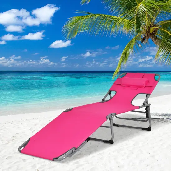 Goplus 2 PCS Outdoor Beach Lounge Chair Folding Chaise Lounge with Pillow Pink {2}