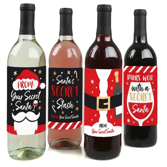 Big Dot of Happiness Secret Santa - Christmas Gift Exchange Party Decorations for Women and Men - Wine Bottle Label Stickers - Set of 4 {1}