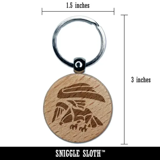 Landing Geometric Eagle Hawk Bird of Prey Engraved Wood Round Keychain Tag Charm {2}