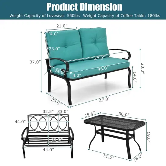 2 Pieces Patio Loveseat Bench Table Furniture Set with Cushioned Chair Turquoise {4}