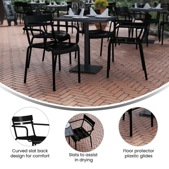 Emma and Oliver Rennes Powder Coated Steel Stacking Dining Chair with Arms and 2 Slat Back for Indoor-Outdoor Use Black {2}