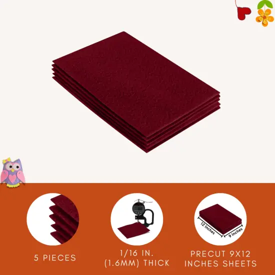 FabricLA Acrylic Felt Sheets for Crafts - Precut 9" X 12" Inches (20 cm X 30 cm) Felt Squares - Use Felt Fabric Craft Sheets for DIY, Hobby, Costume, and Decoration | Dark Red - 5 Pieces {5}