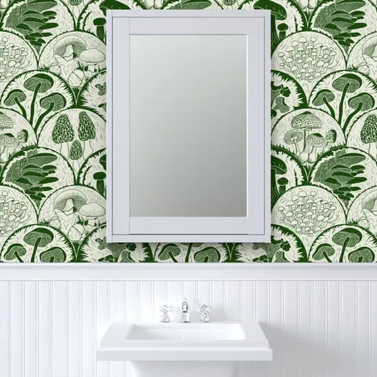 Peel & Stick Wallpaper 2FT Wide Green Mushrooms Scallop Woodland Block Print Forest Botanical Cottagecore Garden Custom Removable Wallpaper by Spoonflower {6}