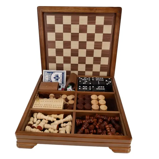 WE Games Walnut 7-Games-in-1 Combination Game Set - Includes Chess, Checkers, Backgammon, Dominoes, Cribbage, Poker, Dice and Cards {1}