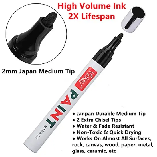 Black Paint Pens for Rock Painting, Stone, Ceramic, Metal, Glass, Wood, Fabric, Canvas, 6 Pack Permanent Oil Based Paint Markers, Medium Tip, 2 Extra Chisel Tips, High Volume Ink, 2X Lifespan {6}