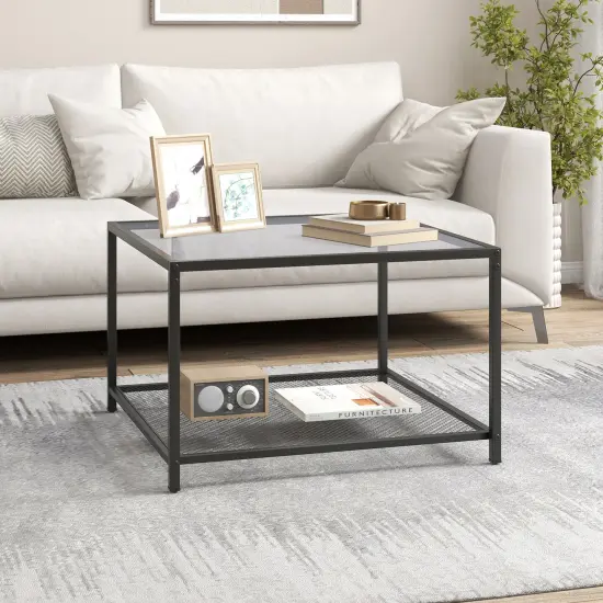 Modern 2-tier Square Glass Coffee Table With Mesh Shelf Grey {6}