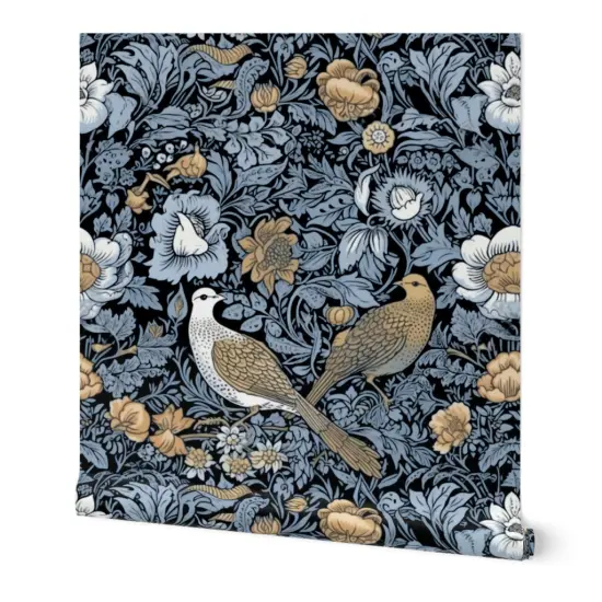 Peel & Stick Wallpaper 2FT Wide Blue Victorian Damask Art Nouveau Love Birds Floral Botanical Large Scale Baroque Nature Doves Custom Removable Wallpaper by Spoonflower {7}
