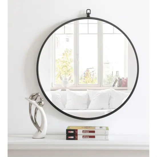 Metal frame Round Mirror with decorative hook 24 inch Black finish {2}