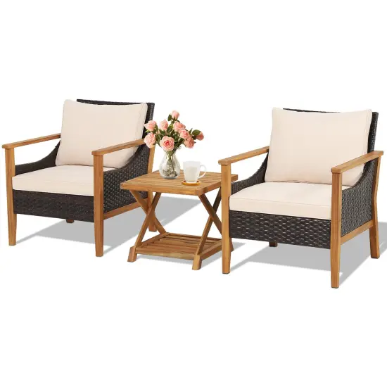 3 Pieces Patio Wicker Furniture Set with 2-Tier Side Table and Cushioned Armchairs-Natural {4}