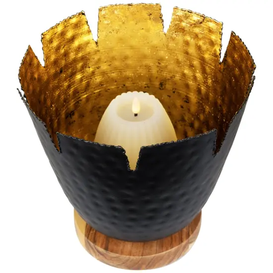 Northlight Iron and Foil Pillar Candle Holder with Wooden Base - 9.25" - Black and Gold {4}