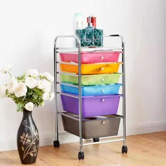 Multi-functional 6 Drawers Rolling Storage Cart Organizer with Four Movable Casters Clear Multicolor {2}