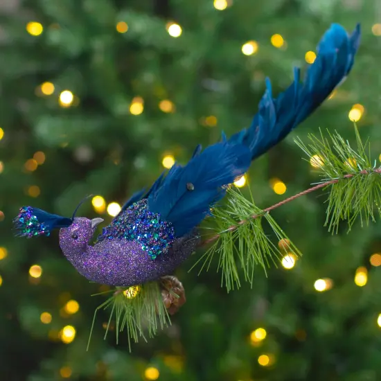 Northlight Glittered Peacock Christmas Clip-On Christmas Ornament - 14.75" - Purple and Blue {3}