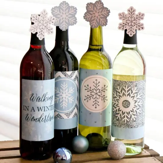 Big Dot of Happiness Winter Wonderland - Snowflake Holiday Party & Winter Wedding Decorations for Women & Men - Wine Bottle Label Stickers - Set of 4 {3}