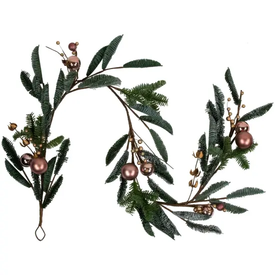 Northlight 6' Rose Gold Ball Ornaments and Berries Artificial Christmas Garland Unlit Green {3}