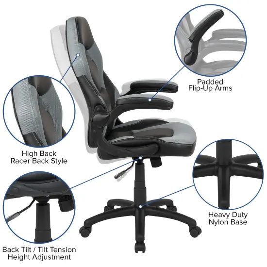 Emma and Oliver Gaming Desk and Racing Chair Set with Cup Holder and Headphone Hook Gray {2}