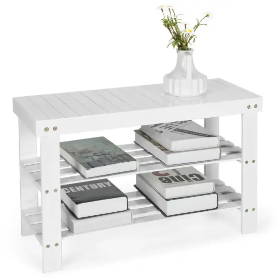 3-Tier Wicker Slatted Shoe Bench Holds up to 6 Pairs for Entryway White {5}