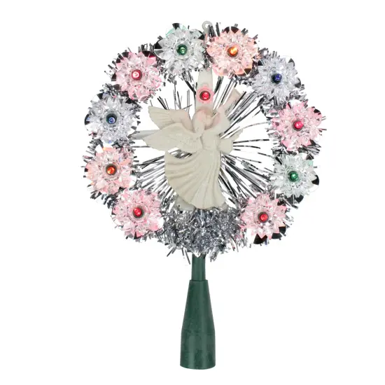 Northlight 7.5" Pre-Lit Silver Tinsel Wreath with Angel Christmas Tree Topper - Multi Lights {3}