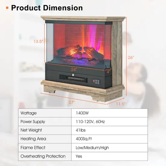 Freestanding Electric Fireplace with 3-Level Vivid Flame Thermostat Natural {4}