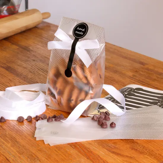 Spec101 Translucent Plastic Bags - 100pk Food Gift Bag with Stickers and Ribbon {4}