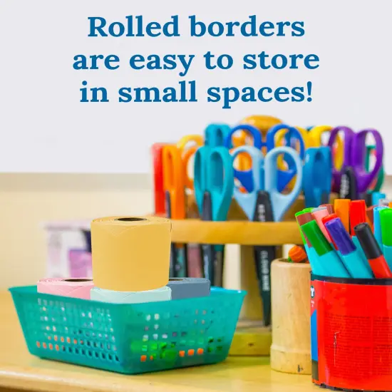 Carson Dellosa 260Ft Rolled Happy Day Bulletin Board Border Set, 4 Pack of Scalloped Border Trim, Yellow, Blue, Green, and Pink Bulletin Board Borders for White Board, Cork Board, and Classroom Décor {4}