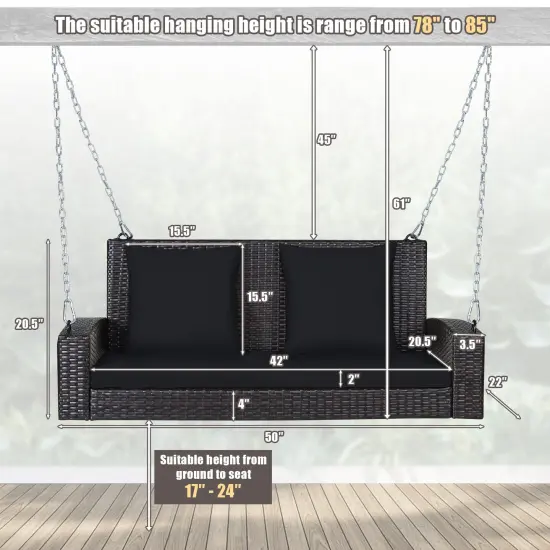 2-Person Patio Rattan Porch Swing with Cushions Black {5}