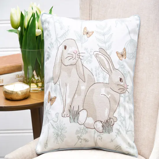 Spring Easter Garden Toile Bunny Rabbits Embroidered Accent Throw Pillow, 18" x 18" {5}