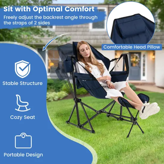 Hammock Camping Chair with Retractable Footrest and Carrying Bag Navy {3}