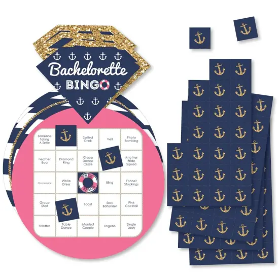Big Dot of Happiness Last Sail Before the Veil - Bar Bingo Cards and Markers - Nautical Bachelorette and Bridal Shower Shaped Bingo Game - Set of 18 {1}