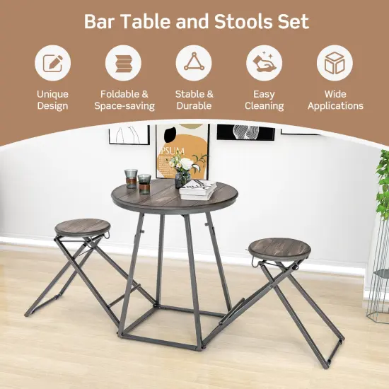 3 Pieces Dining Table Set with 2 Foldable Stools for Small Space-Gray {3}