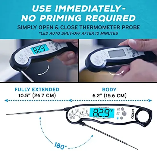 KIZEN Digital Meat Thermometer with Probe - Instant Read Food Thermometer for Cooking, Grilling, BBQ, Baking, Liquids, Candy, Deep Frying, and More - Black/White {2}