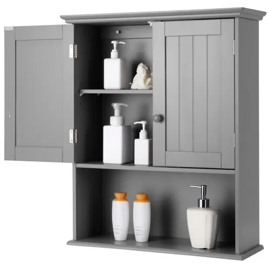 2-Door Wall Mount Bathroom Storage Cabinet with Open Shelf Grey {4}