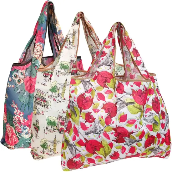 Wrapables Large Foldable Tote Nylon Reusable Grocery Bag, 3 Pack English Rose {1}