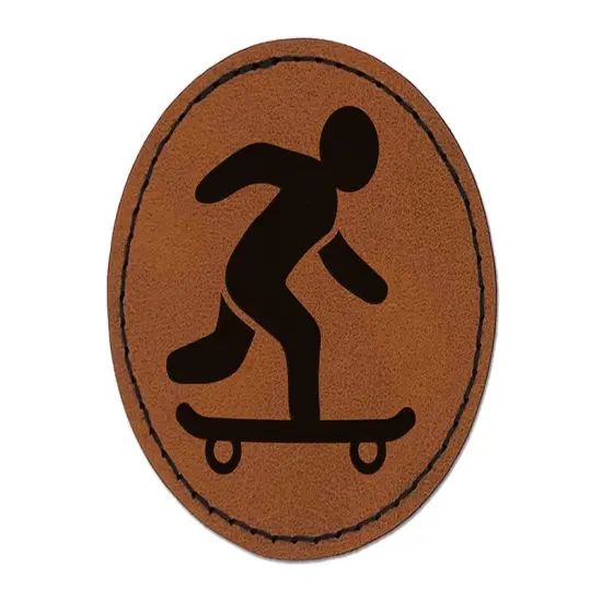 Skateboarding Man on Skateboard Round Iron-On Engraved Faux Leather Patch Applique - 2.5" Brown {1}