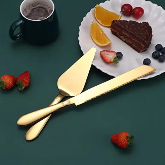 Cake Cutting Set for Wedding, Elegant Knife and Server with Thickened Stainless Steel Rounded Edges, Cutter Pie Spatula Birthday Anniversary Christmas Gift of 2, Gold {6}